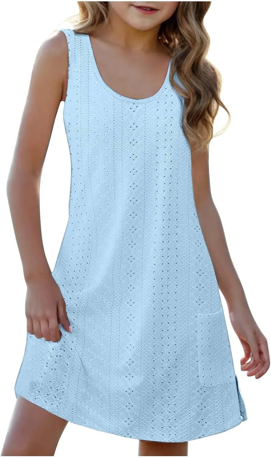Eyelet Dresses for Girls 2025 Summer Sleeveless Side Split Tank Dress Crewneck Sundress with Pockets Size 4-14 Years
