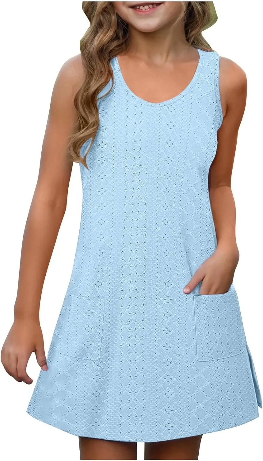 Eyelet Dresses for Girls 2025 Summer Sleeveless Side Split Tank Dress Crewneck Sundress with Pockets Size 4-14 Years