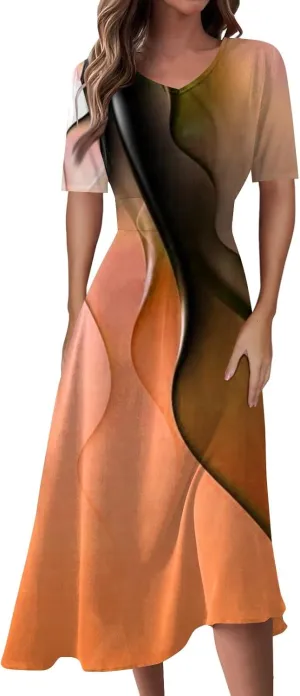 FlekmanArt Maxi Dress for Women Print Short Sleeve A-Line Beach Waist V Neck Trendy Swing Dress