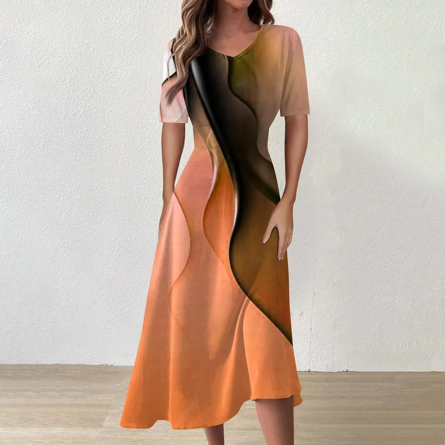 FlekmanArt Maxi Dress for Women Print Short Sleeve A-Line Beach Waist V Neck Trendy Swing Dress