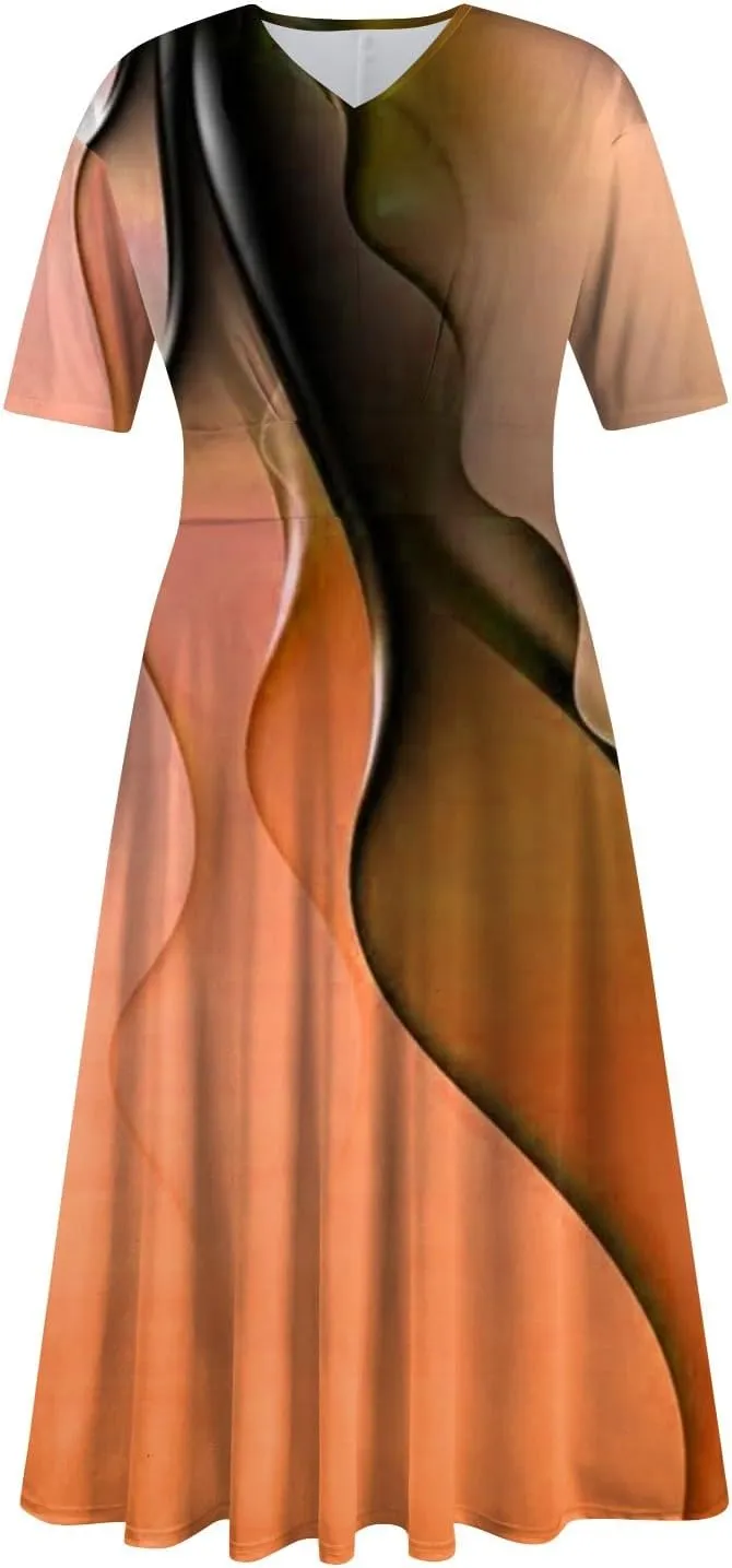 FlekmanArt Maxi Dress for Women Print Short Sleeve A-Line Beach Waist V Neck Trendy Swing Dress