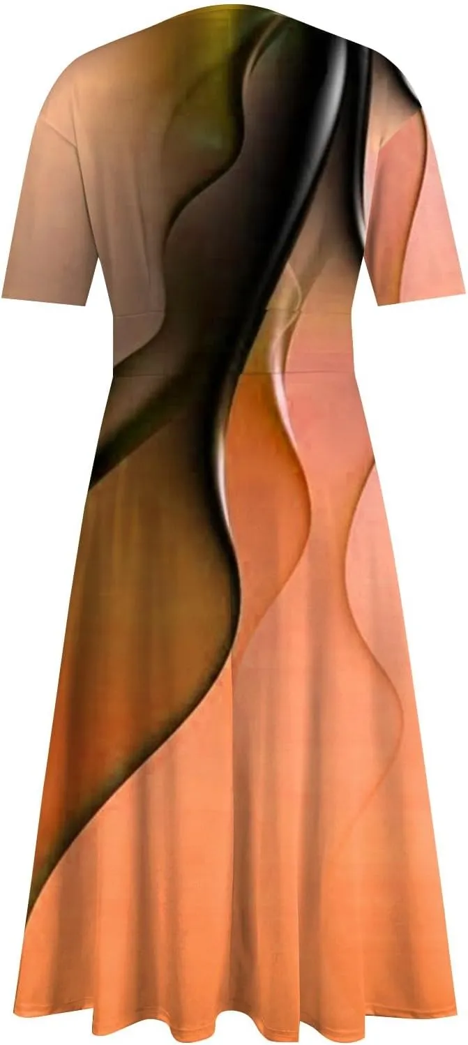 FlekmanArt Maxi Dress for Women Print Short Sleeve A-Line Beach Waist V Neck Trendy Swing Dress