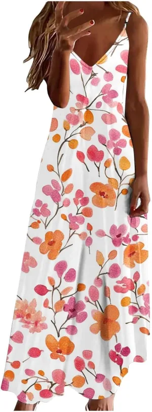 Floral Dress Beach Dress Boho Spaghetti Strap V Neck Flowy Maxi Long Sundress Summer Dresses for Women 2025 Sleeveless