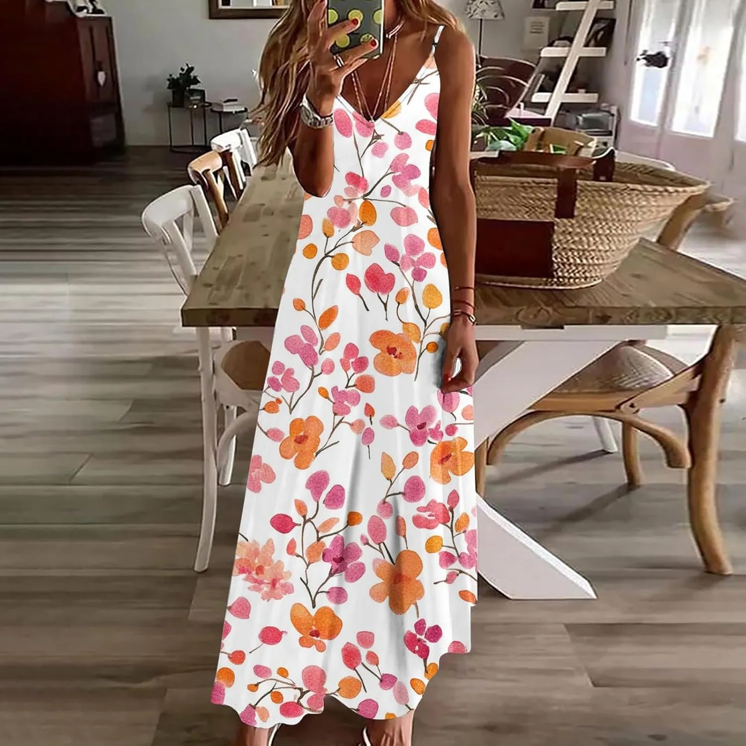 Floral Dress Beach Dress Boho Spaghetti Strap V Neck Flowy Maxi Long Sundress Summer Dresses for Women 2025 Sleeveless