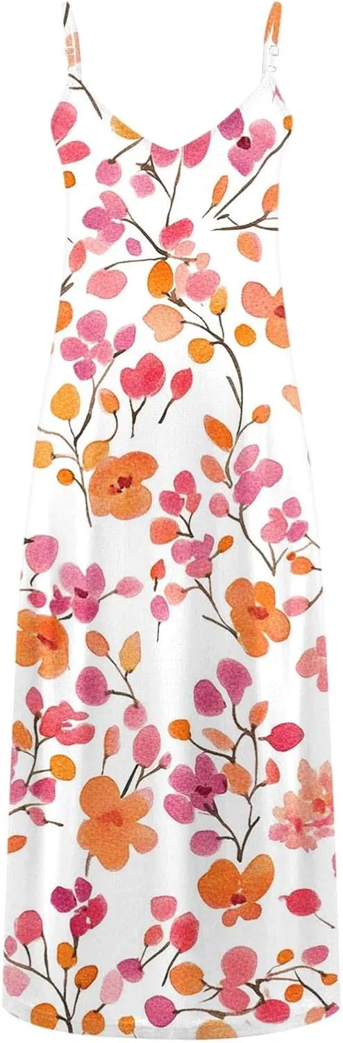 Floral Dress Beach Dress Boho Spaghetti Strap V Neck Flowy Maxi Long Sundress Summer Dresses for Women 2025 Sleeveless
