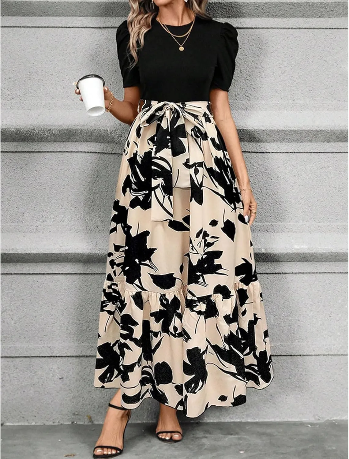 Floral Maxi Dresses for Women Puff Sleeve Tiered Sundress Elegant Tie Waist Work Dress Summer Casual Vacation Dress