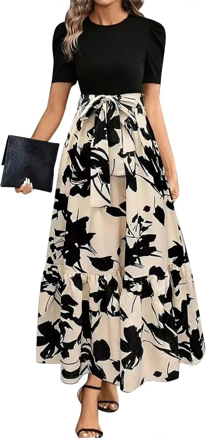 Floral Maxi Dresses for Women Puff Sleeve Tiered Sundress Elegant Tie Waist Work Dress Summer Casual Vacation Dress