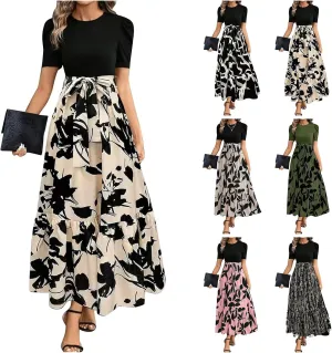 Floral Maxi Dresses for Women Puff Sleeve Tiered Sundress Elegant Tie Waist Work Dress Summer Casual Vacation Dress