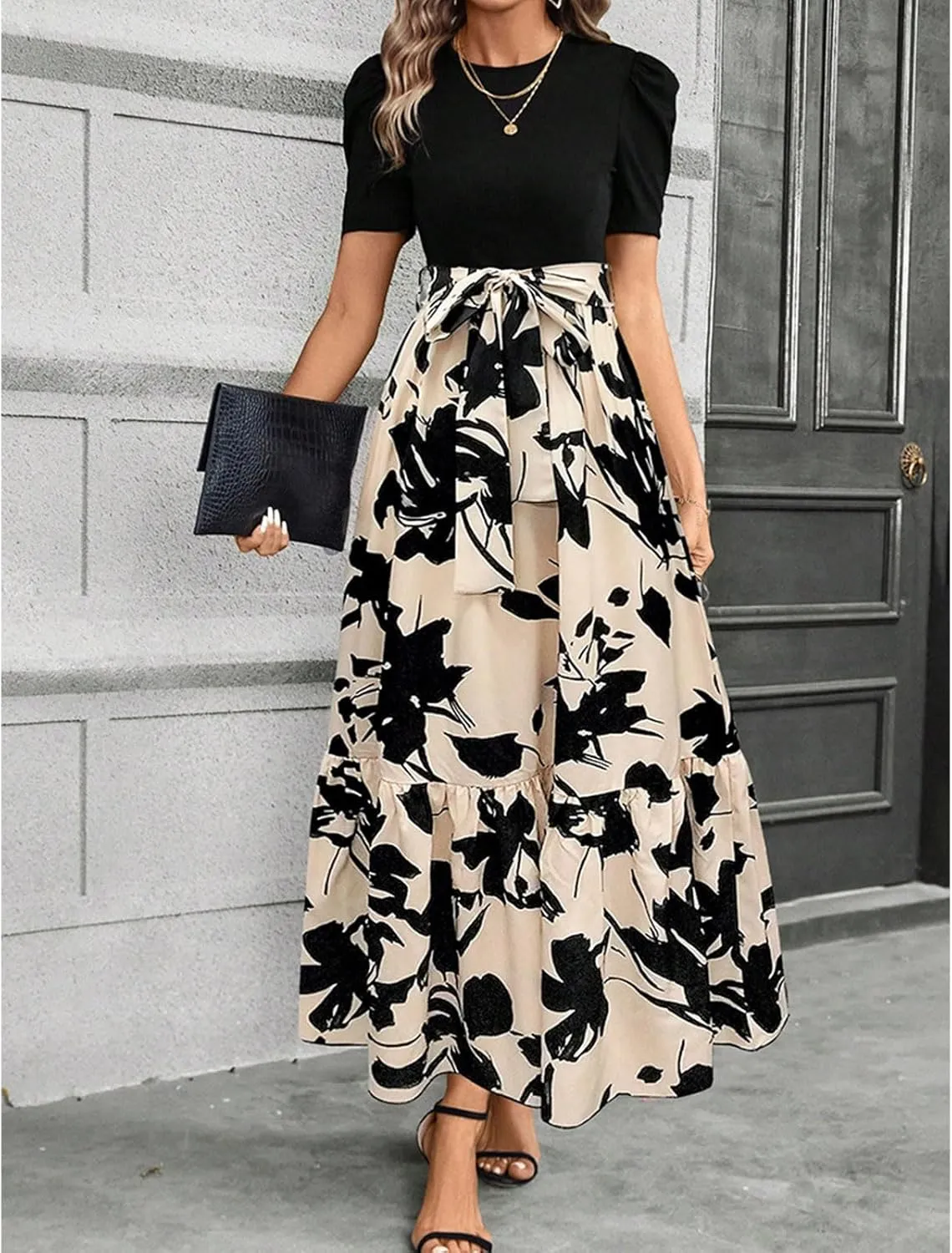 Floral Maxi Dresses for Women Puff Sleeve Tiered Sundress Elegant Tie Waist Work Dress Summer Casual Vacation Dress
