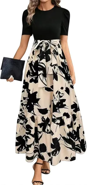 Floral Maxi Dresses for Women Puff Sleeve Tiered Sundress Elegant Tie Waist Work Dress Summer Casual Vacation Dress