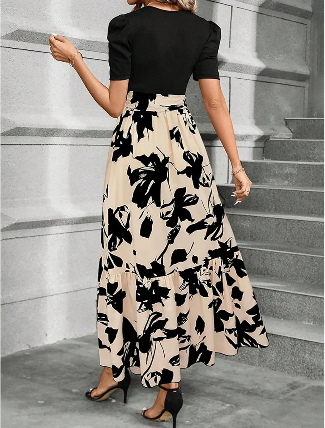 Floral Maxi Dresses for Women Puff Sleeve Tiered Sundress Elegant Tie Waist Work Dress Summer Casual Vacation Dress
