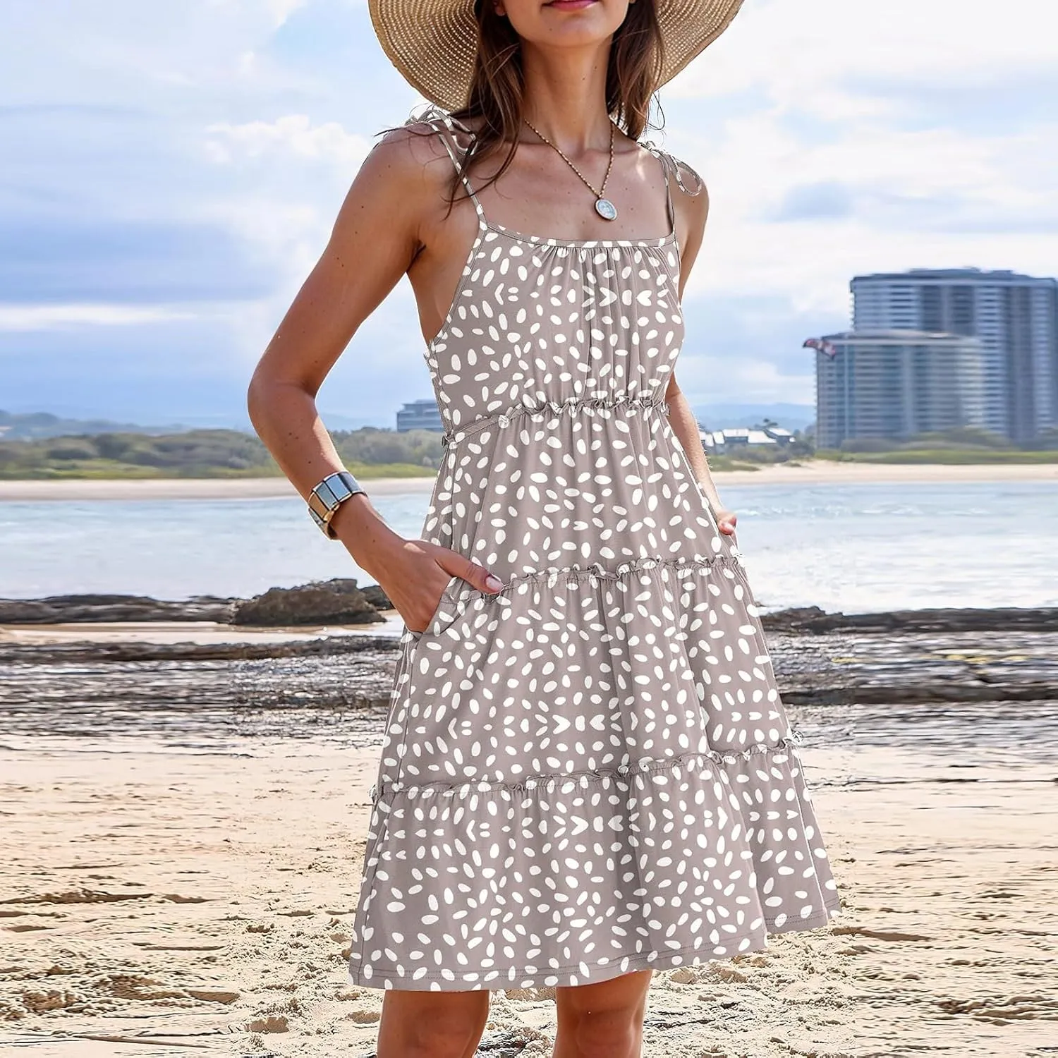 Floral Mini Dresses for Women Spaghetti Strap Tiered Ruffle Flowy Sundress Summer Vacation A Line Short Skater Dress