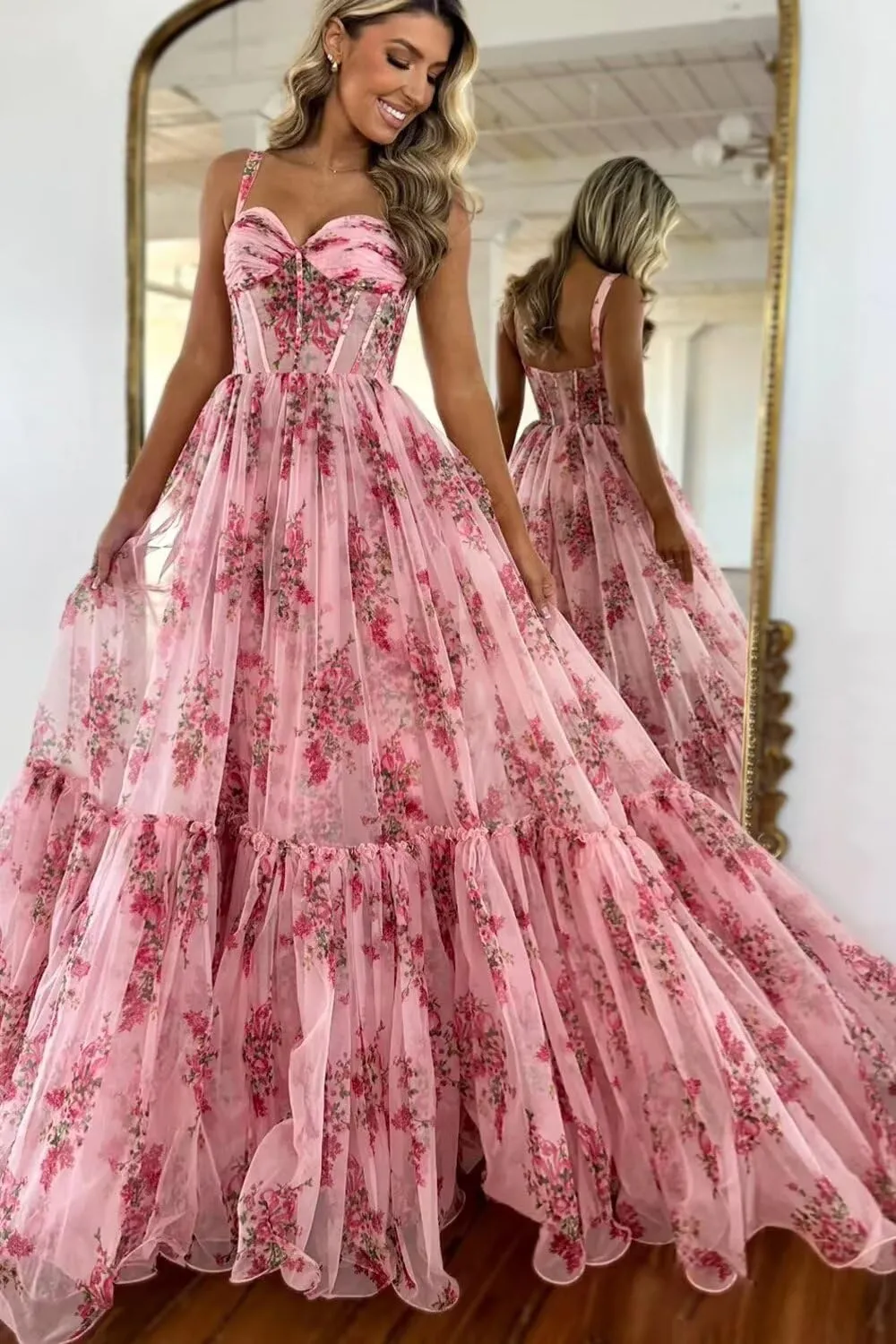Floral Print Prom Dresses for Women A Line Tulle Formal Evening Dress Spaghetti Straps Ball Gowns AP33