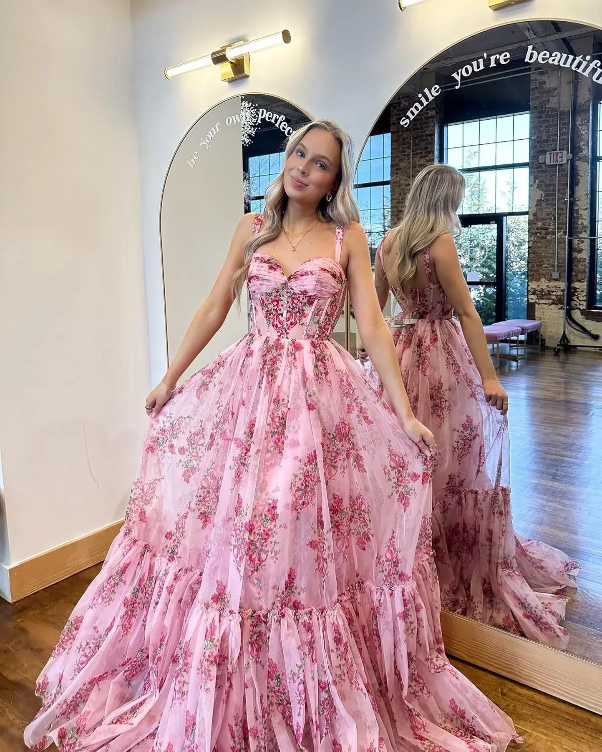 Floral Print Prom Dresses for Women A Line Tulle Formal Evening Dress Spaghetti Straps Ball Gowns AP33
