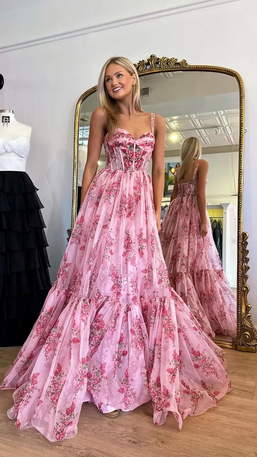 Floral Print Prom Dresses for Women A Line Tulle Formal Evening Dress Spaghetti Straps Ball Gowns AP33