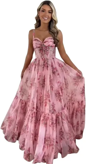 Floral Print Prom Dresses for Women A Line Tulle Formal Evening Dress Spaghetti Straps Ball Gowns AP33