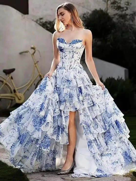 Floral Print Prom Dresses for Women Tiered Chiffon Strapless Long Ball Gown Puffy Sweetheart Evening Gown with Slit