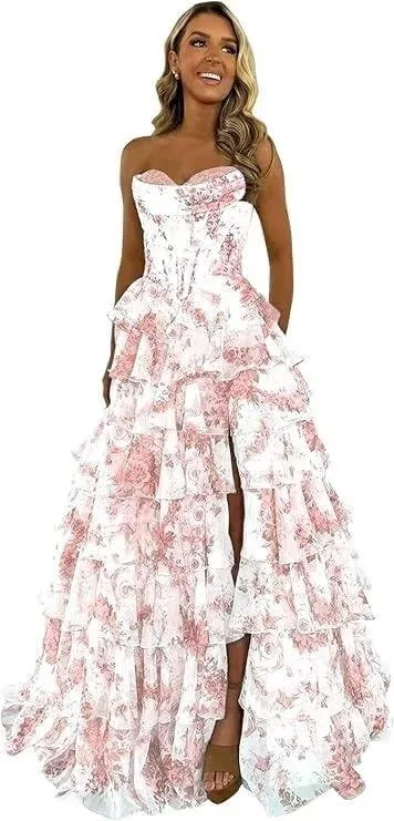 Floral Print Prom Dresses for Women Tiered Chiffon Strapless Long Ball Gown Puffy Sweetheart Evening Gown with Slit
