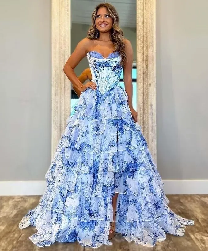 Floral Print Prom Dresses for Women Tiered Chiffon Strapless Long Ball Gown Puffy Sweetheart Evening Gown with Slit