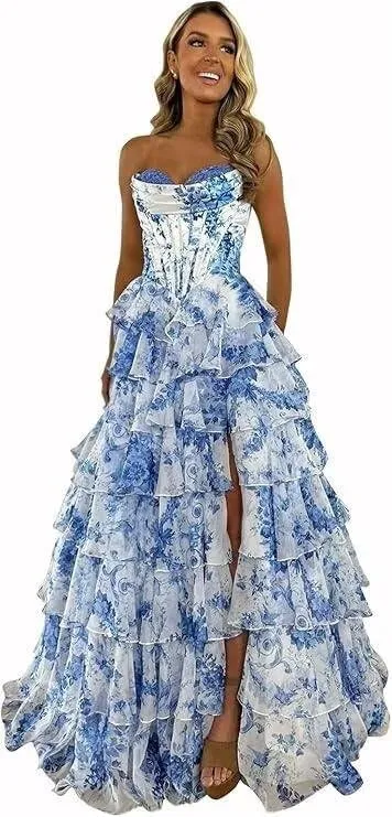 Floral Print Prom Dresses for Women Tiered Chiffon Strapless Long Ball Gown Puffy Sweetheart Evening Gown with Slit