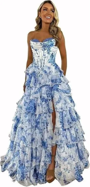 Floral Print Prom Dresses for Women Tiered Chiffon Strapless Long Ball Gown Puffy Sweetheart Evening Gown with Slit