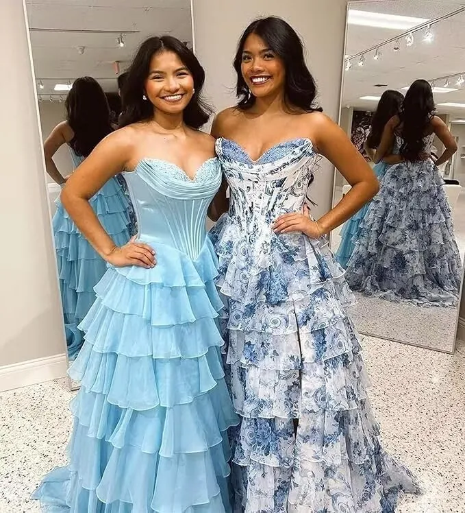 Floral Print Prom Dresses for Women Tiered Chiffon Strapless Long Ball Gown Puffy Sweetheart Evening Gown with Slit