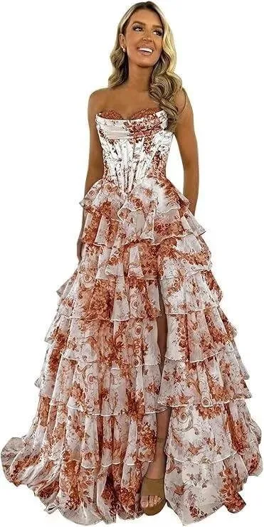 Floral Print Prom Dresses for Women Tiered Chiffon Strapless Long Ball Gown Puffy Sweetheart Evening Gown with Slit