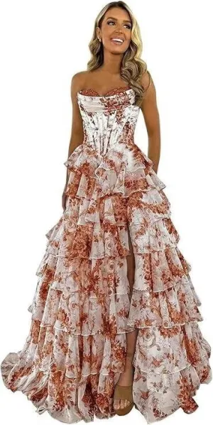 Floral Print Prom Dresses for Women Tiered Chiffon Strapless Long Ball Gown Puffy Sweetheart Evening Gown with Slit