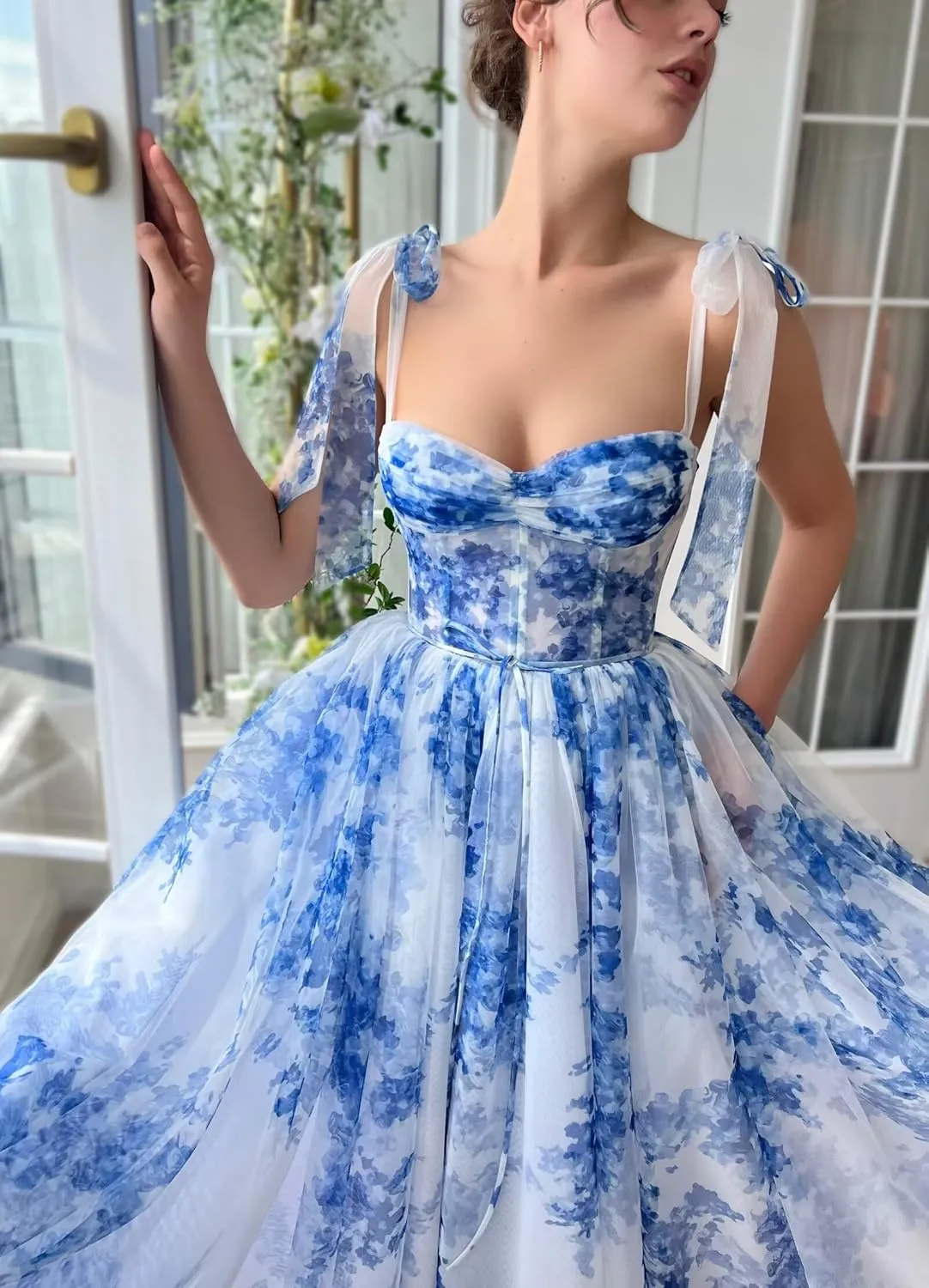 Floral Print Prom Dresses Tea Length Sweetheart Tie Straps Tulle Fairy Dress Cocktail Formal Party Gowns