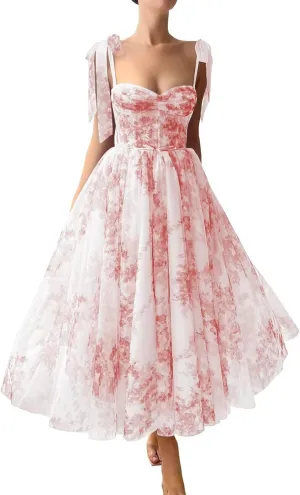 Floral Print Prom Dresses Tea Length Sweetheart Tie Straps Tulle Fairy Dress Cocktail Formal Party Gowns