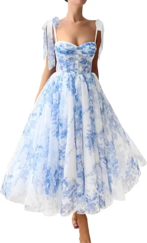 Floral Print Prom Dresses Tea Length Sweetheart Tie Straps Tulle Fairy Dress Cocktail Formal Party Gowns