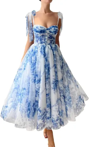 Floral Print Prom Dresses Tea Length Sweetheart Tie Straps Tulle Fairy Dress Cocktail Formal Party Gowns