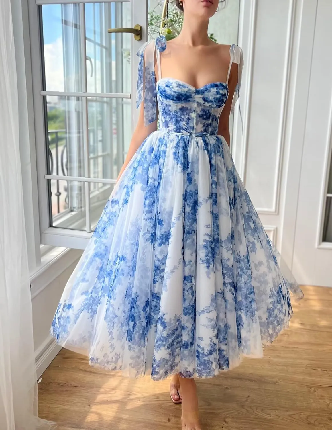 Floral Print Prom Dresses Tea Length Sweetheart Tie Straps Tulle Fairy Dress Cocktail Formal Party Gowns