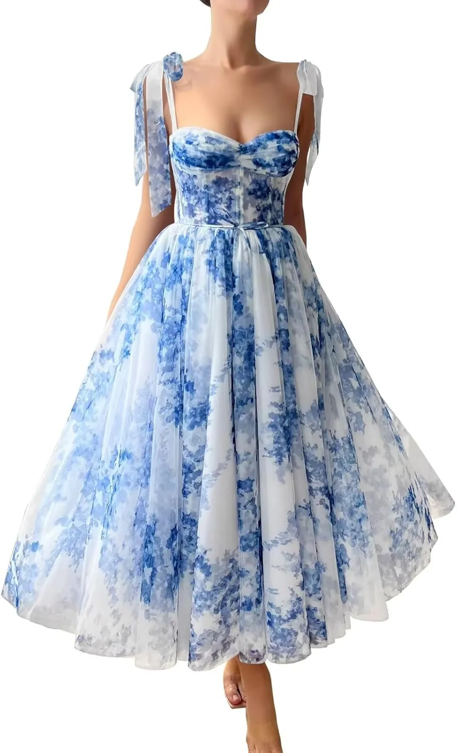 Floral Print Prom Dresses Tea Length Sweetheart Tie Straps Tulle Fairy Dress Cocktail Formal Party Gowns