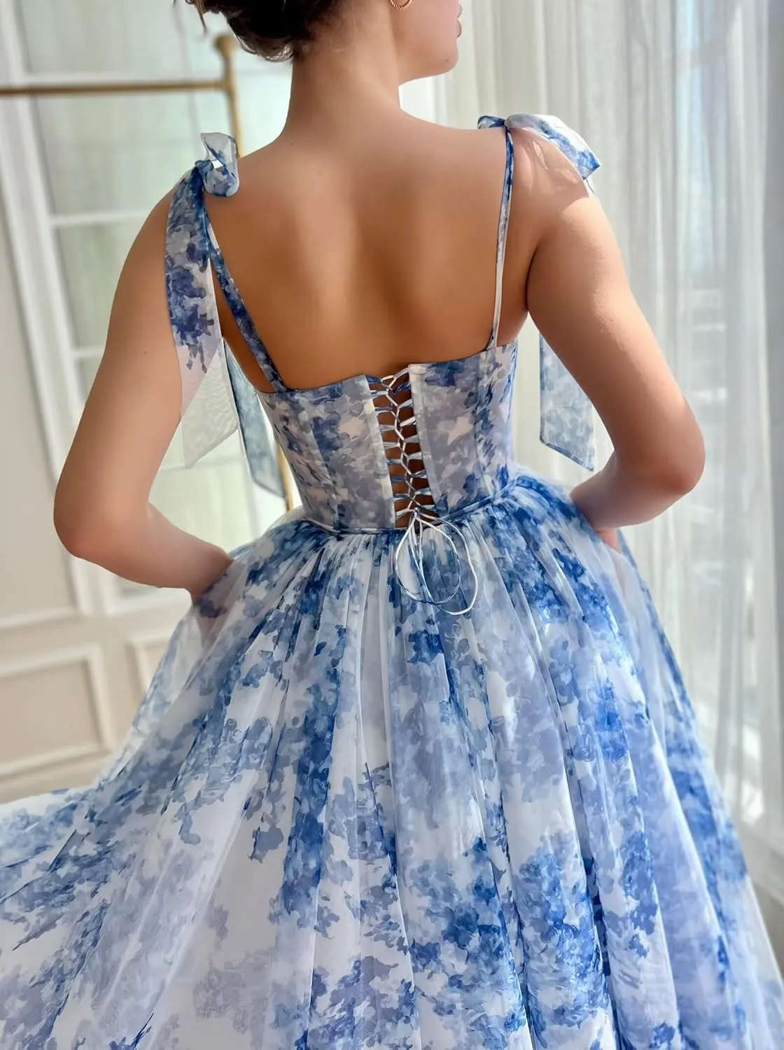 Floral Print Prom Dresses Tea Length Sweetheart Tie Straps Tulle Fairy Dress Cocktail Formal Party Gowns