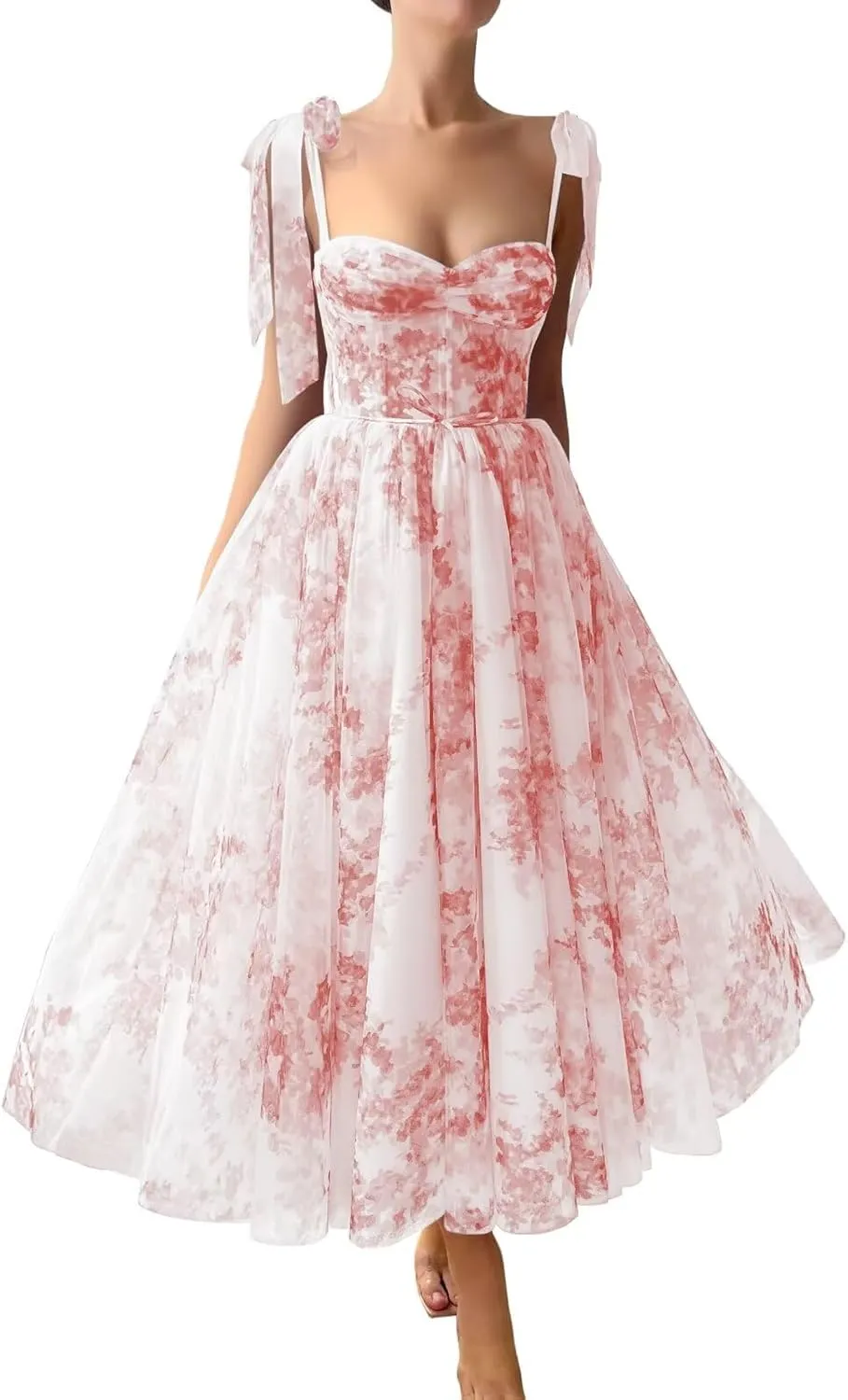 Floral Print Prom Dresses Tea Length Sweetheart Tie Straps Tulle Fairy Dress Cocktail Formal Party Gowns