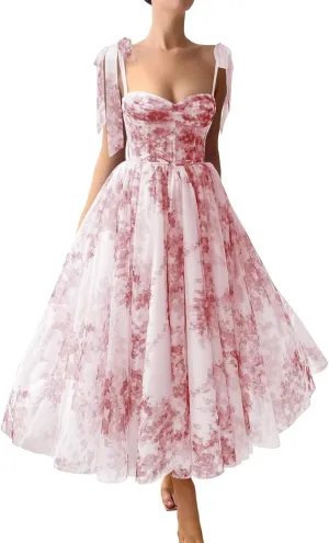 Floral Print Prom Dresses Tea Length Sweetheart Tie Straps Tulle Fairy Dress Cocktail Formal Party Gowns