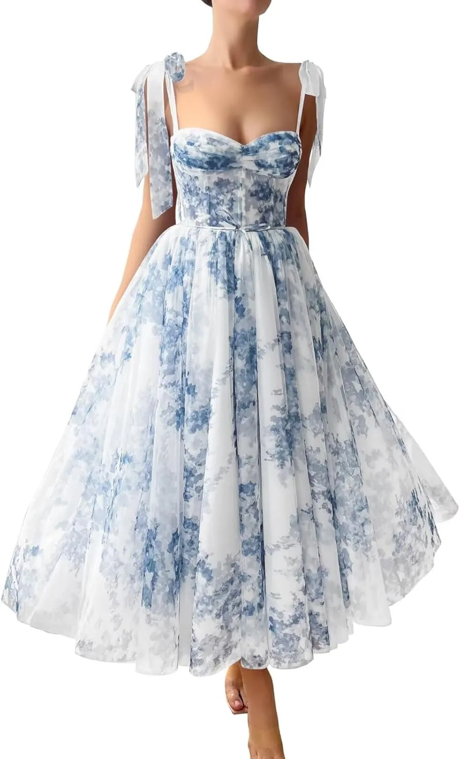 Floral Print Prom Dresses Tea Length Sweetheart Tie Straps Tulle Fairy Dress Cocktail Formal Party Gowns