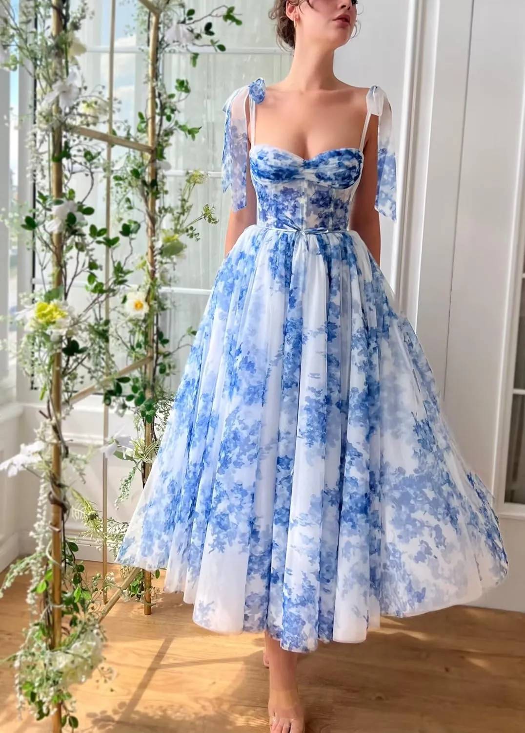 Floral Print Prom Dresses Tea Length Sweetheart Tie Straps Tulle Fairy Dress Cocktail Formal Party Gowns