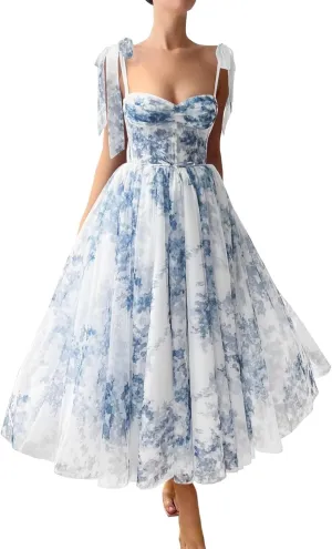 Floral Print Prom Dresses Tea Length Sweetheart Tie Straps Tulle Fairy Dress Cocktail Formal Party Gowns