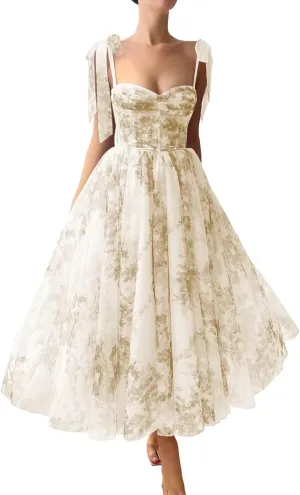 Floral Print Prom Dresses Tea Length Sweetheart Tie Straps Tulle Fairy Dress Cocktail Formal Party Gowns