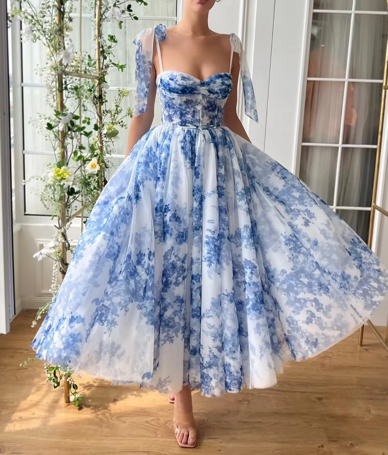 Floral Print Prom Dresses Tea Length Sweetheart Tie Straps Tulle Fairy Dress Cocktail Formal Party Gowns