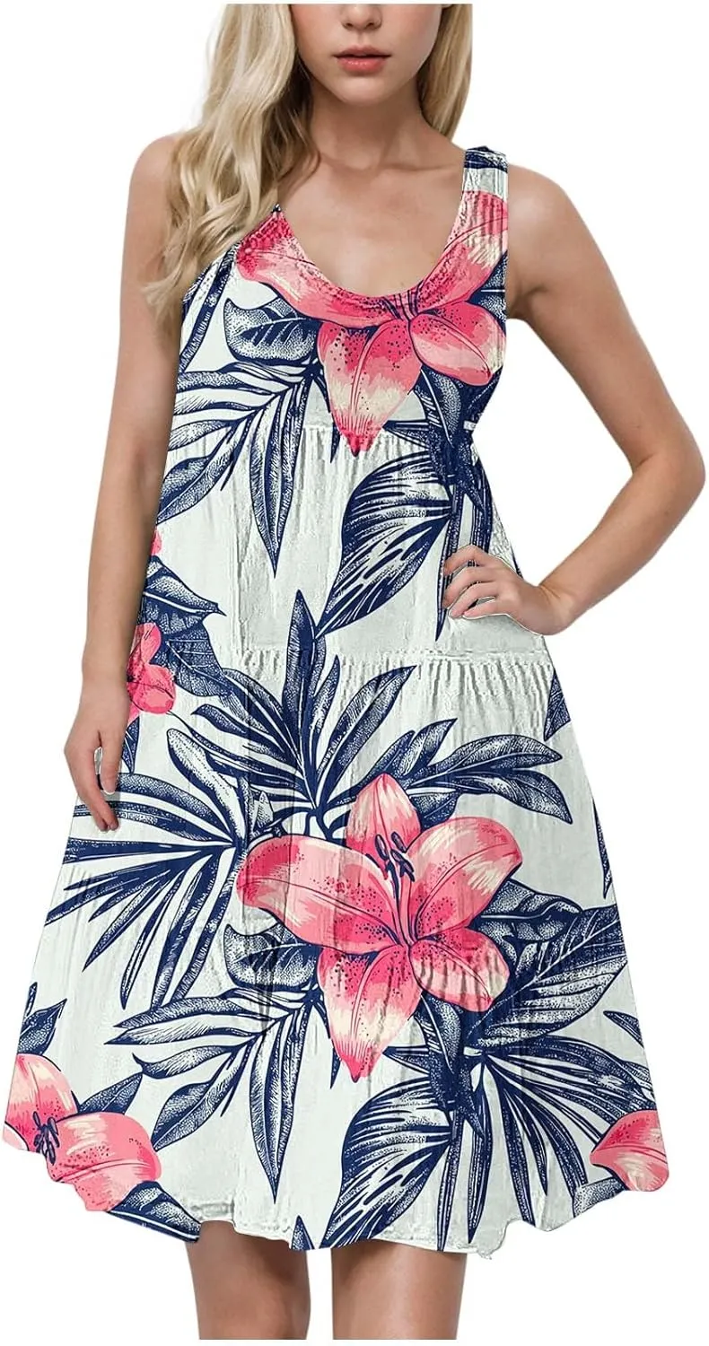 Floral Print Tank Dress for Women Round Neck Sleeveless Midi Dresses 2025 Trendy Summer Boho Sundress