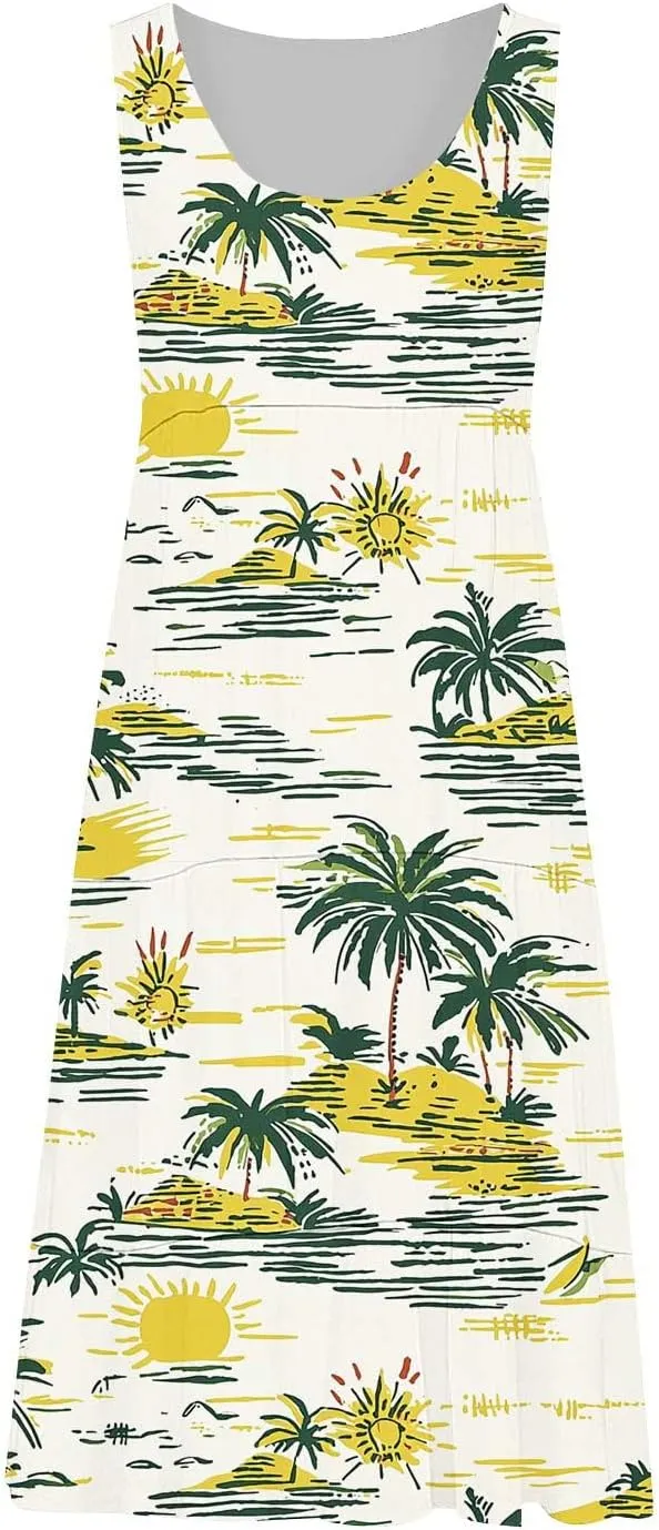 Floral Print Tank Dress for Women Round Neck Sleeveless Midi Dresses 2025 Trendy Summer Boho Sundress