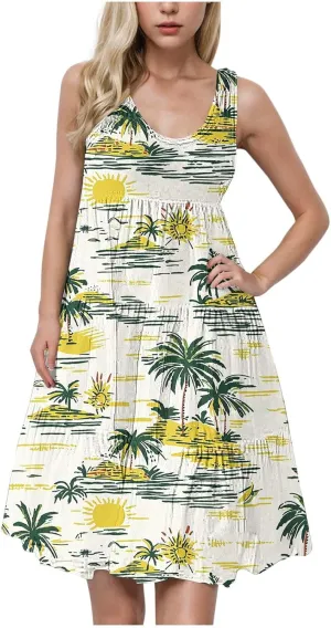 Floral Print Tank Dress for Women Round Neck Sleeveless Midi Dresses 2025 Trendy Summer Boho Sundress