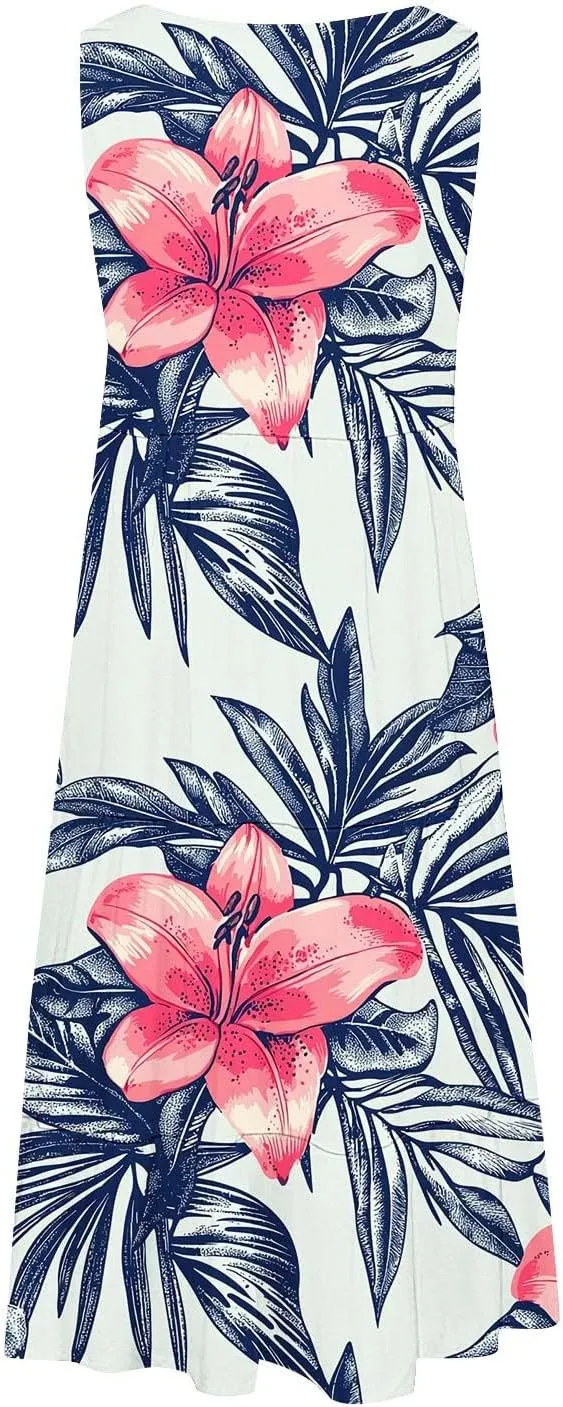 Floral Print Tank Dress for Women Round Neck Sleeveless Midi Dresses 2025 Trendy Summer Boho Sundress