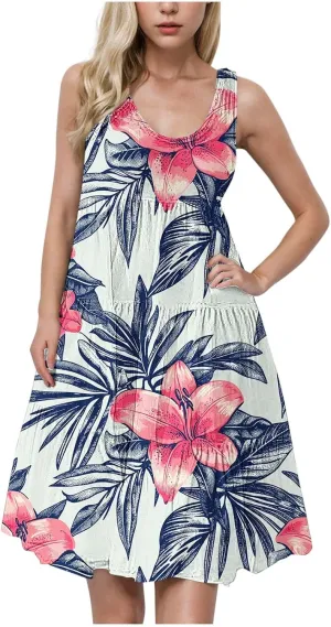 Floral Print Tank Dress for Women Round Neck Sleeveless Midi Dresses 2025 Trendy Summer Boho Sundress