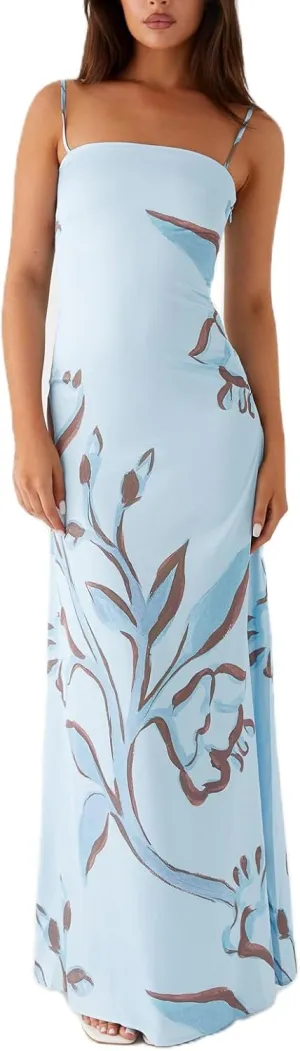 Floral Spaghetti Strap Maxi Dress Mesh Bodycon Sexy Backless Open Back Tie Up Slip Party Long Dresses Summer Sundress