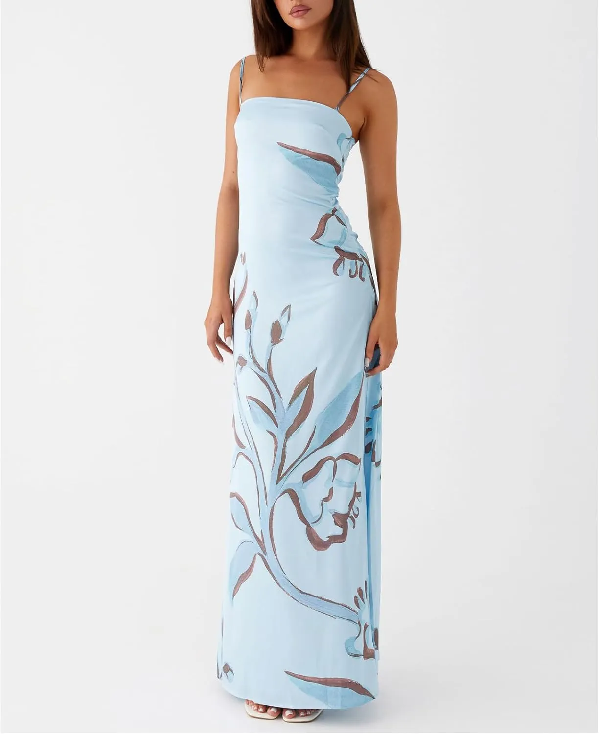 Floral Spaghetti Strap Maxi Dress Mesh Bodycon Sexy Backless Open Back Tie Up Slip Party Long Dresses Summer Sundress