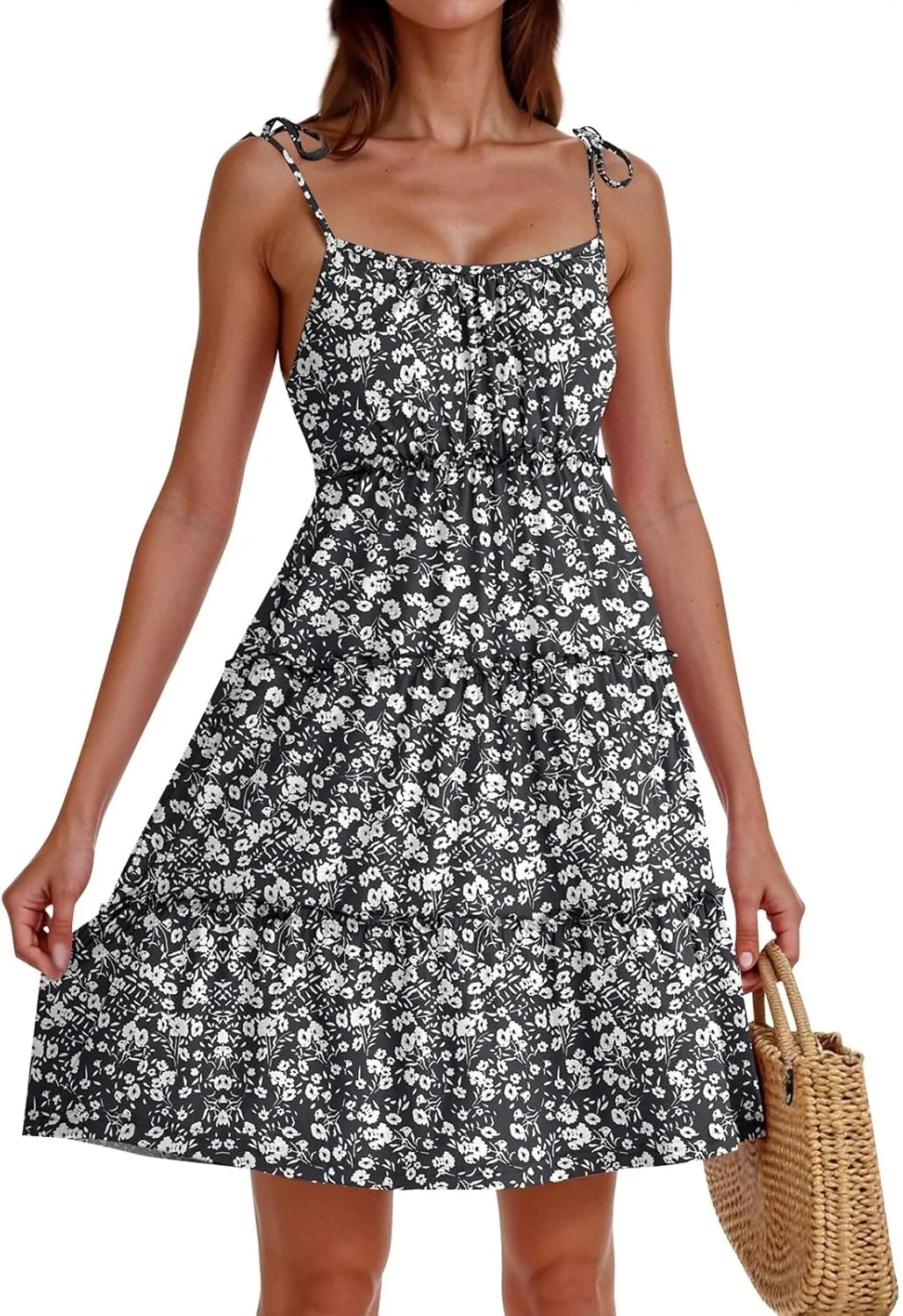 Floral Sun Dresses for Women 2025 Vacation Summer Open Back Skater Dress Flowy Tiered Ruffle Babydoll Mini Sundress